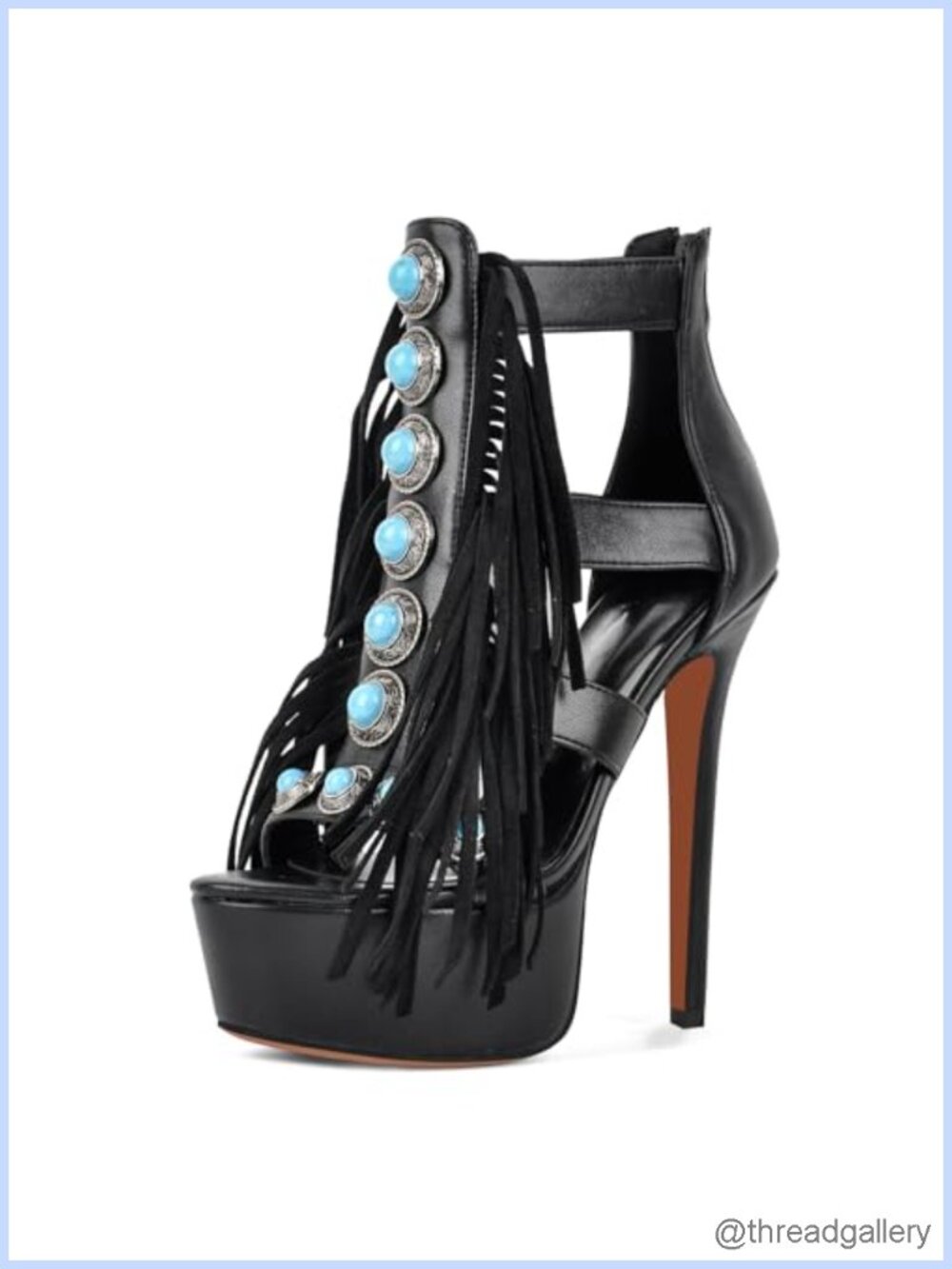 Fringe Platform Sandals Turquoise Stone T-Strap Zip Stiletto Heels Wedding